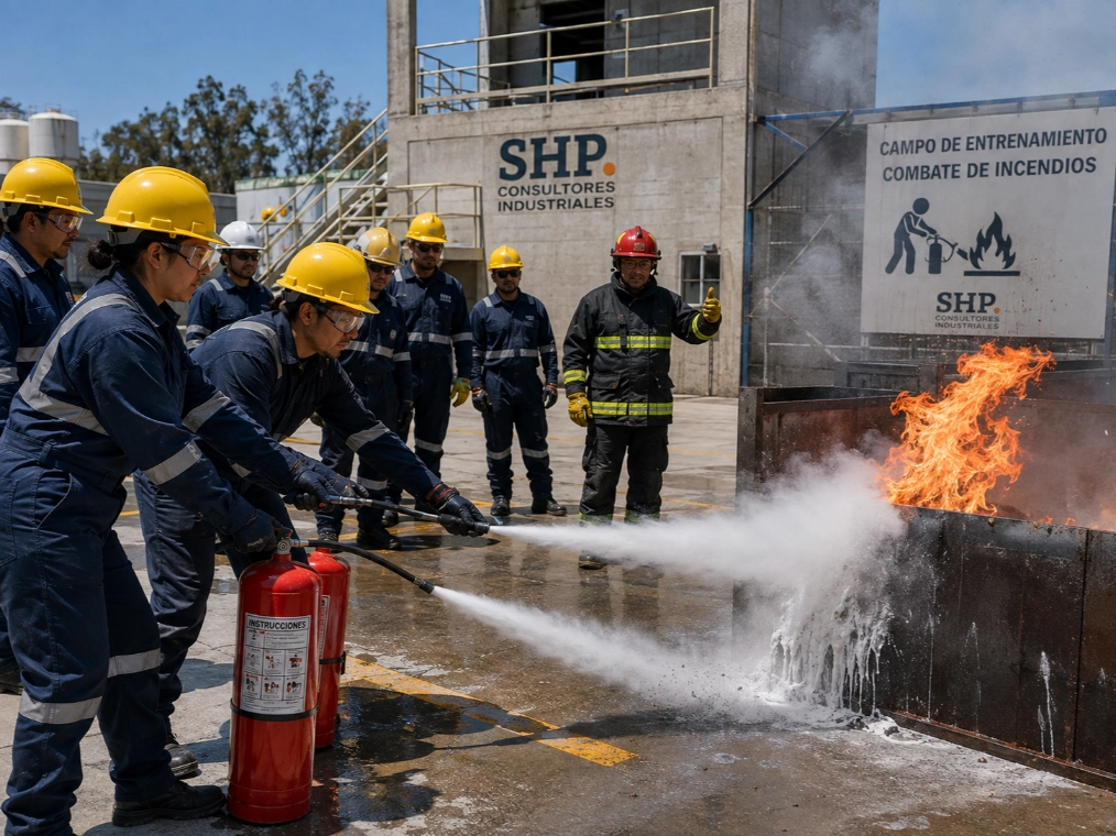 Brigadistas en curso de combate de incendios en campo de SHP